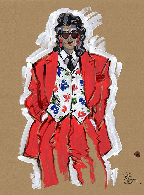 Person in a red suit with a floral vest and dark sunglasses, on a brown background.
