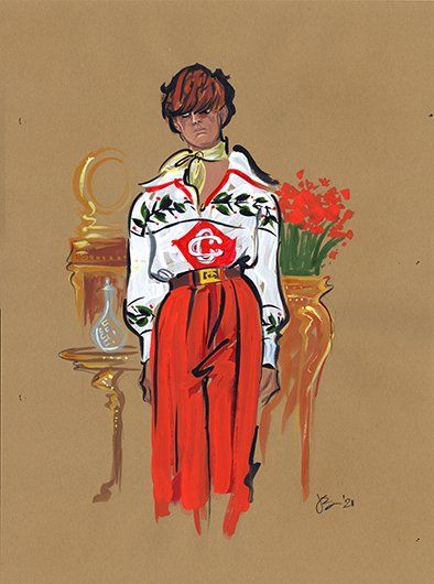 Fashion illustration of person in white top with red pants; red flowers and gold decor in background.