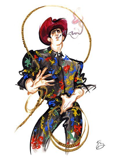 Man in floral suit and red hat twirling a lasso, smoking, against white background.