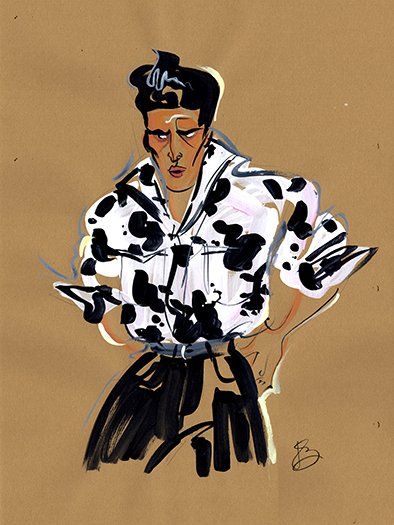Man in a black and white spotted shirt and black pants, hands on hips, looking stern.