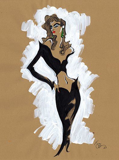 Woman in a black dress, hand on hip. White brushstrokes surround her on a brown background.