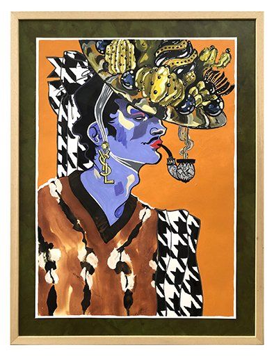 Illustration of person with blue skin, cactus headwear, smoking a pipe. Orange background.
