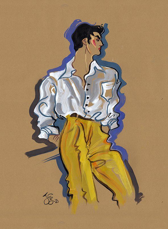 Man in a white shirt and yellow pants leaning against something, facing away, on a brown background.