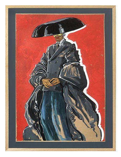 Illustration of a figure wearing a large black hat, dark coat, and blue pants, set against a red background.
