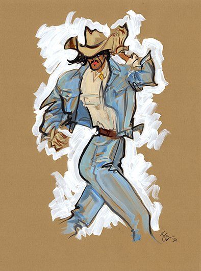 Cowboy in light blue outfit, walking with a gun in hand, against a white painted backdrop.
