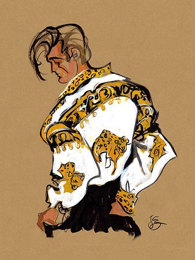 Man in white and gold patterned jacket, turned in profile, looking down.