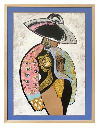 Fashion illustration of a person with a large metallic hat and patterned clothing in a frame.