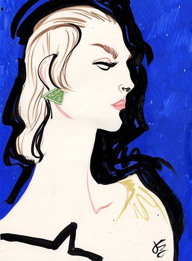 Woman's profile with dark hair framing one side, blonde on the other. Wearing a green square earring, against a blue backdrop.