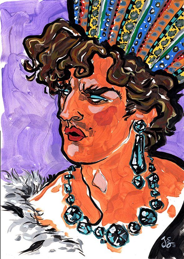 Person wearing jewelry and headdress, intense expression, orange skin tone, purple background.