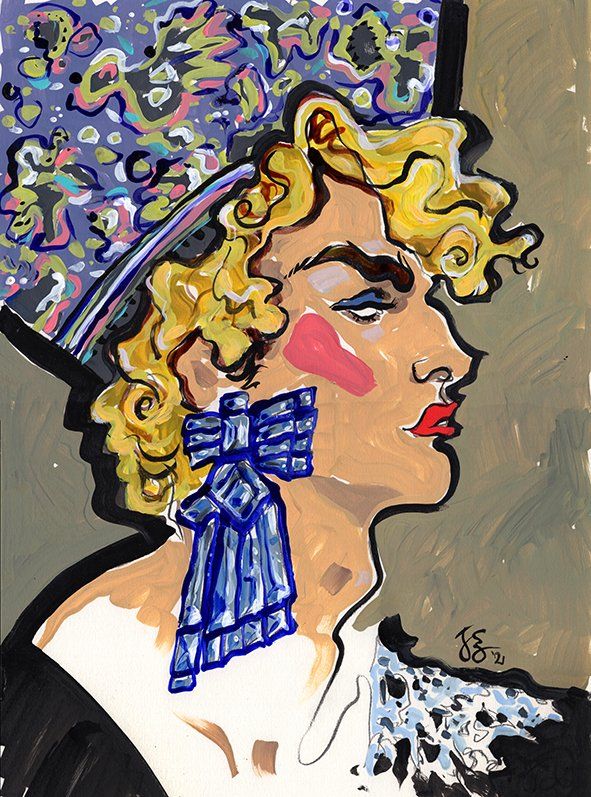Illustration of a person in profile, blonde curly hair, blue bow earrings, and a hat. Red lips and cheek blush.