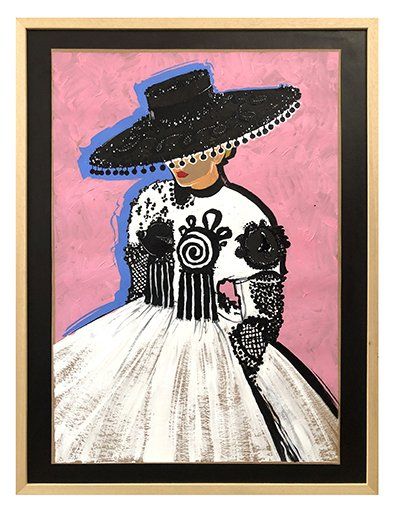 Painting of a person in a white dress and large black hat against a pink background, framed in black and beige.