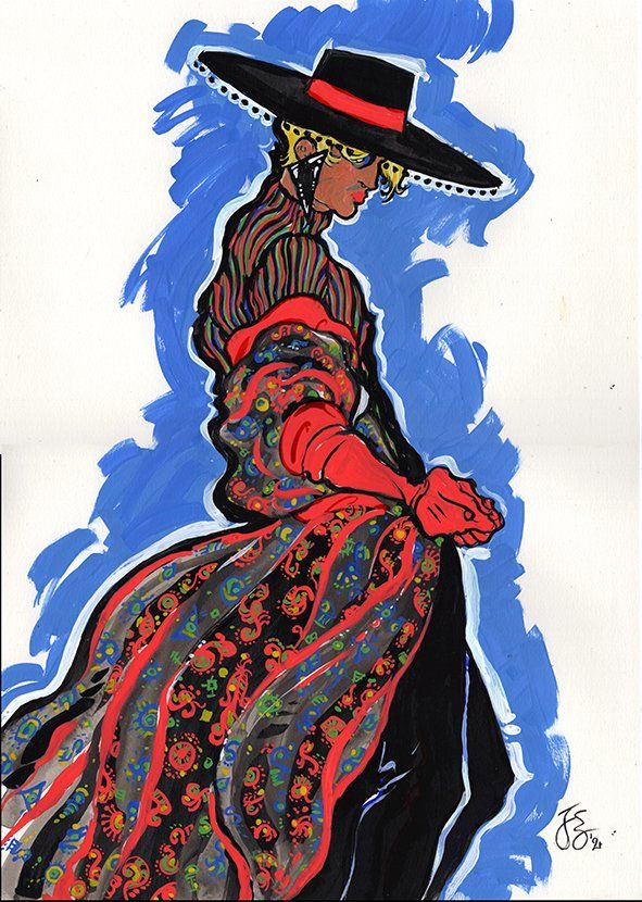 Woman in ornate dress and wide-brimmed hat, against a blue background.