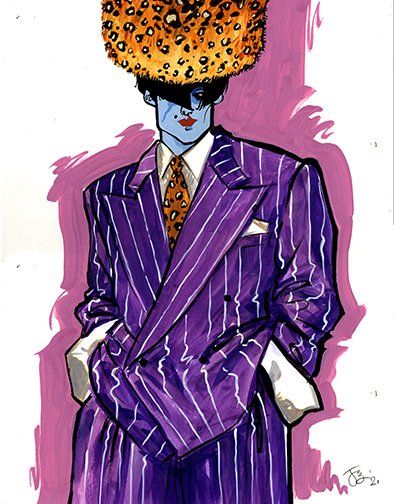 Illustration of a person in a purple pinstripe suit, leopard print hat, and tie; hands in pockets.