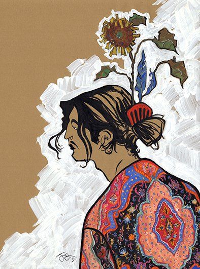 Man in patterned jacket, side profile, wearing a sunflower in hair, set against a white stroke background.