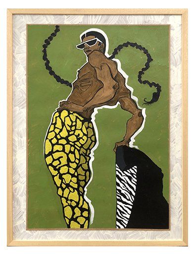 Person with sunglasses, brown skin, yellow pants, green background, leaning on a zebra-patterned block.