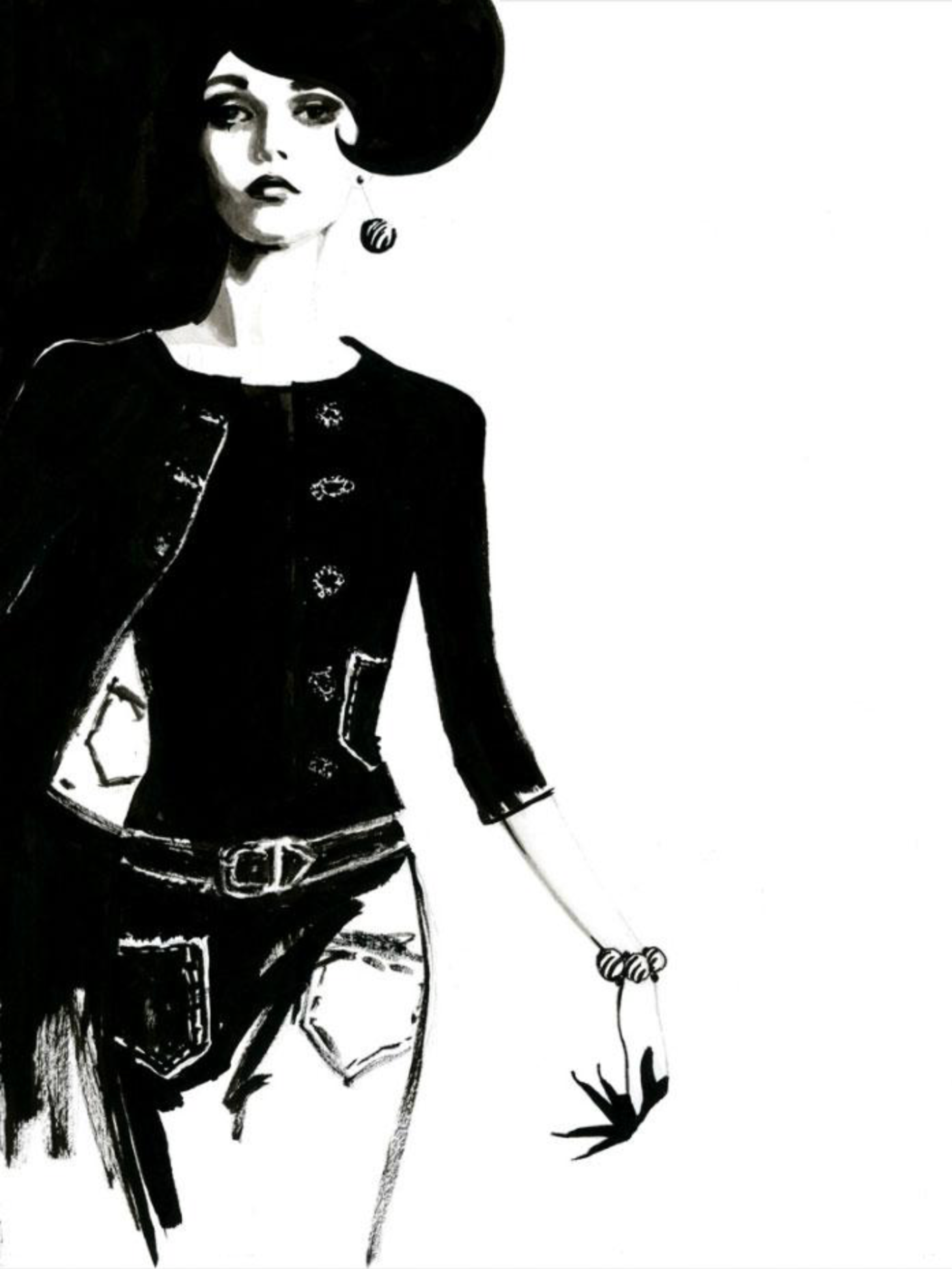 Fashion illustration of a woman in black clothing and wide-brimmed hat, wearing jeans with a belt and gloves.