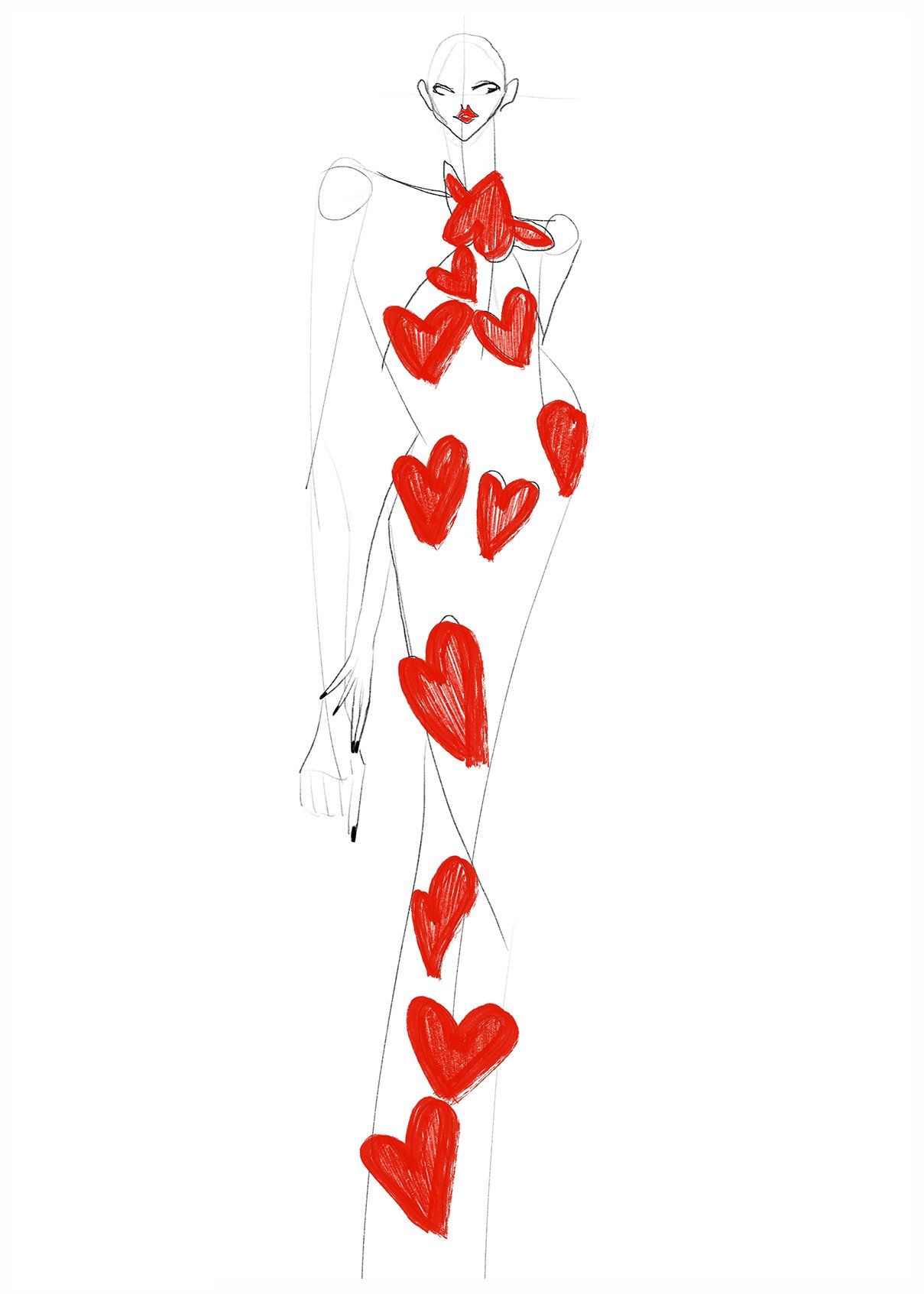 Fashion sketch of a tall figure in a white gown with red heart embellishments.