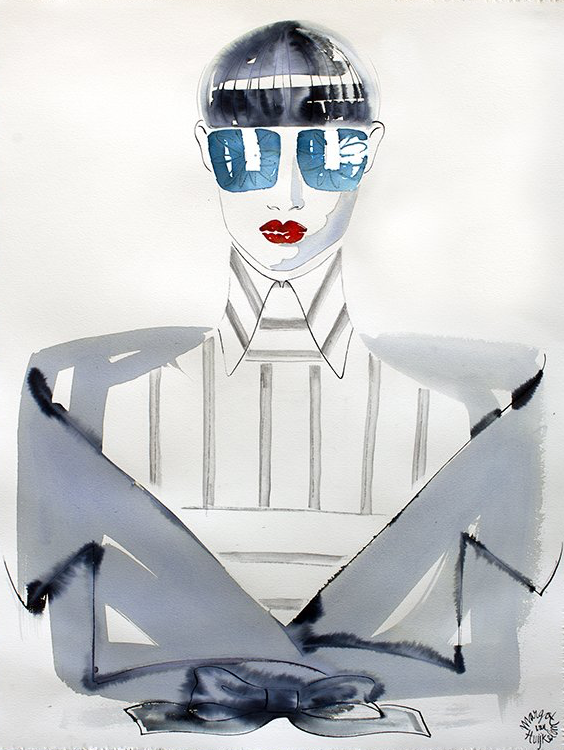 Watercolor painting of a person with blue sunglasses, red lips, and a striped shirt with arms crossed.