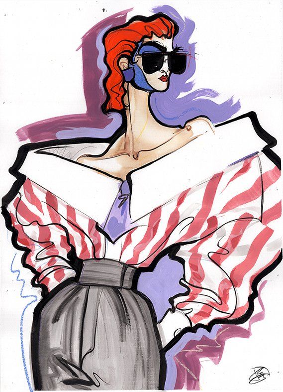 Fashion illustration of a person with red hair, wearing sunglasses, a striped top, and a gray skirt.