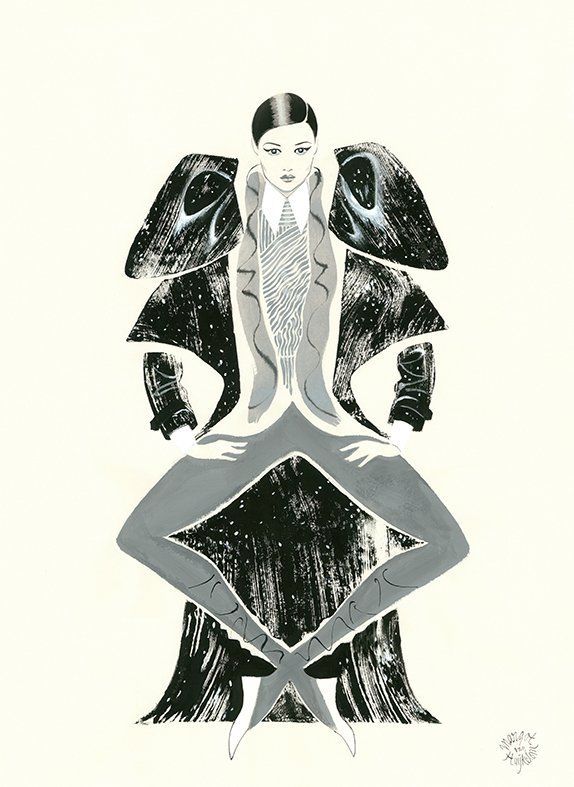 Fashion illustration: figure in angular suit with large, patterned shoulder pads, legs crossed in front.