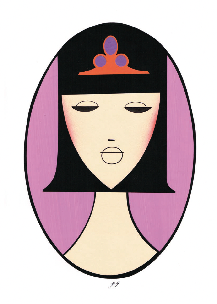 Oval portrait of woman with black hair and a jeweled headband, set against a pink background.