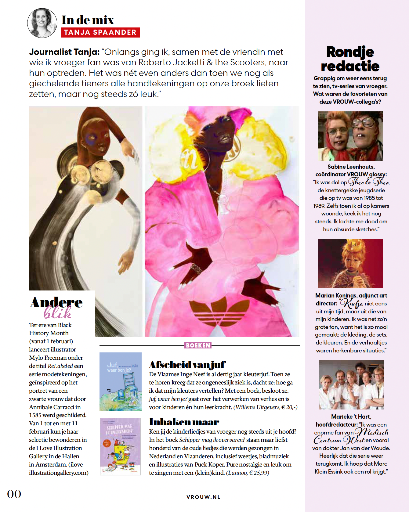 Page layout with magazine excerpts and two art pieces: figure with cape, two figures in pink tracksuits.