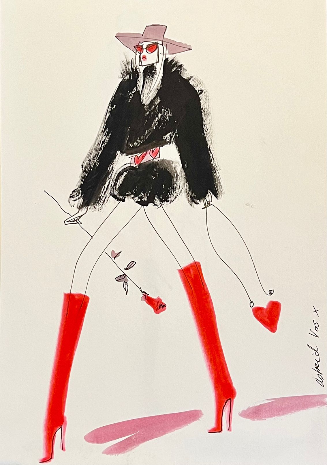 Fashion illustration: Figure in red boots, black coat, and hat, with dangling heart.