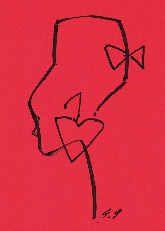Black line drawing of a figure with a bow and heart on a red background.
