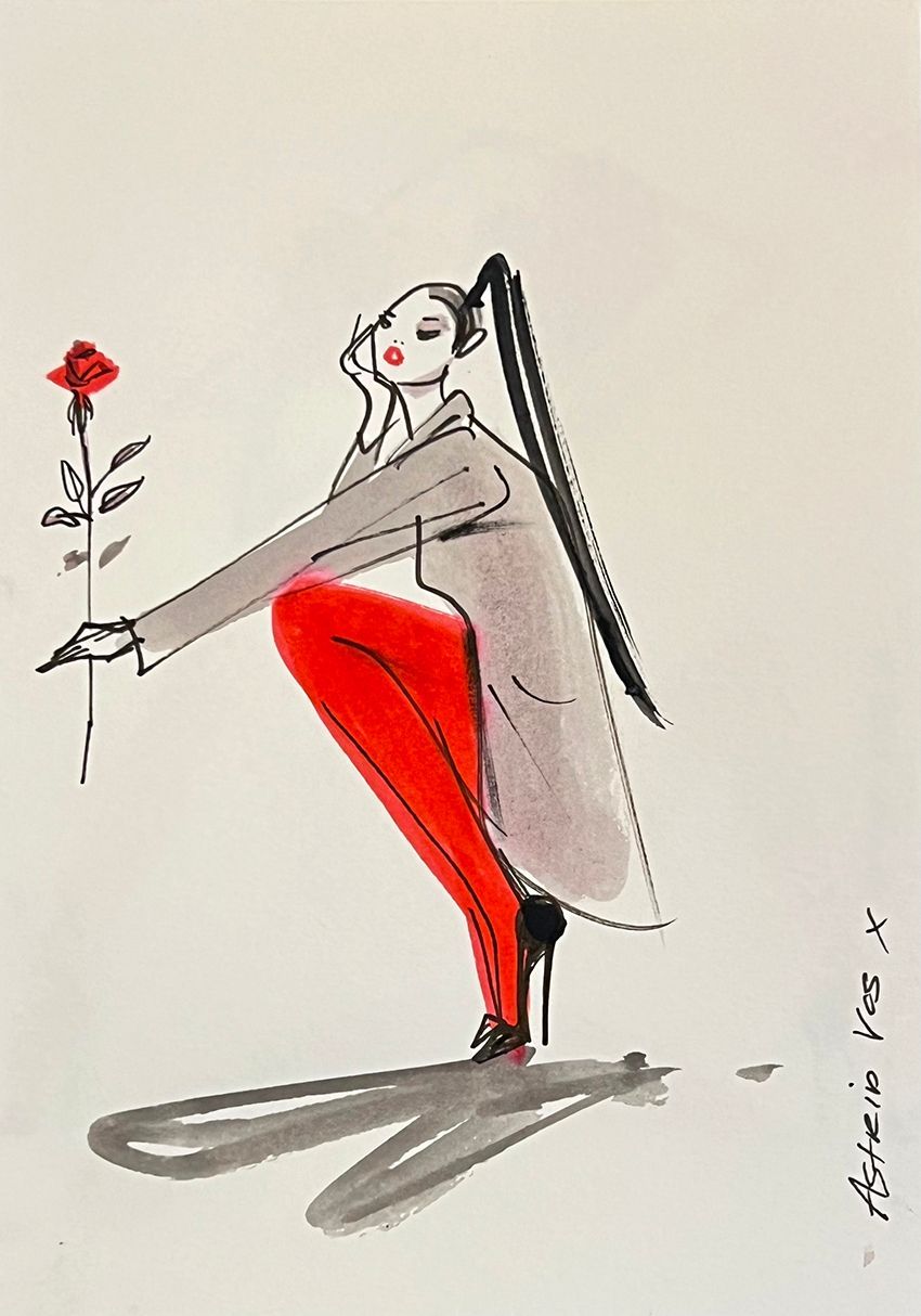 Woman in red leggings, gray coat, holding a red rose. Long black ponytail, leaning, looking pensive.