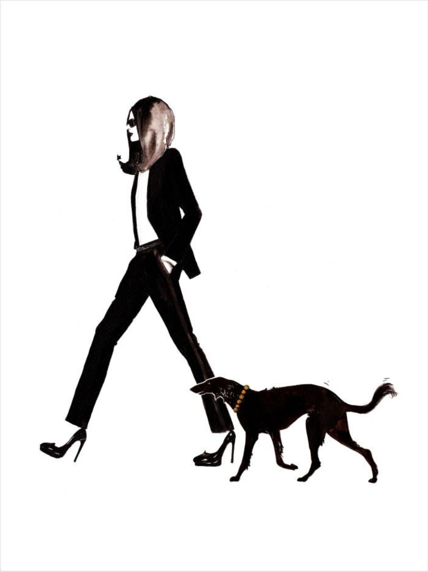Woman in suit walks dog.