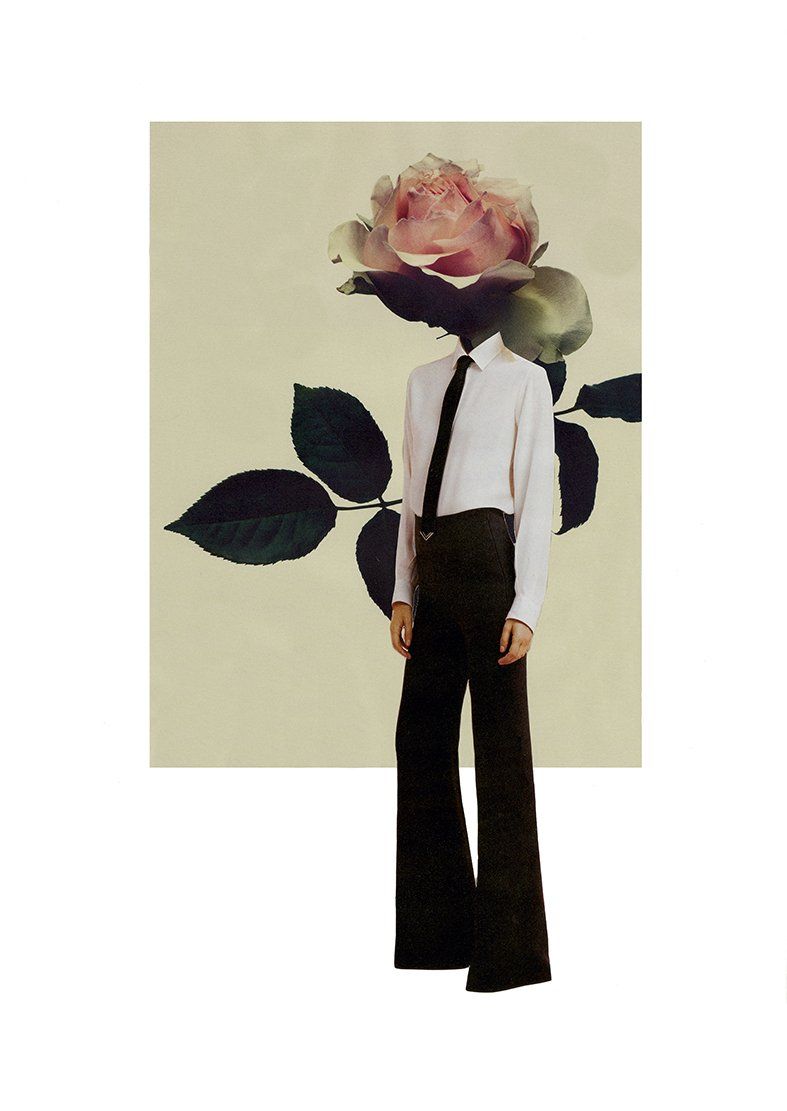 Person with a rose head, wearing a white shirt, black tie, and pants, in front of a beige backdrop.