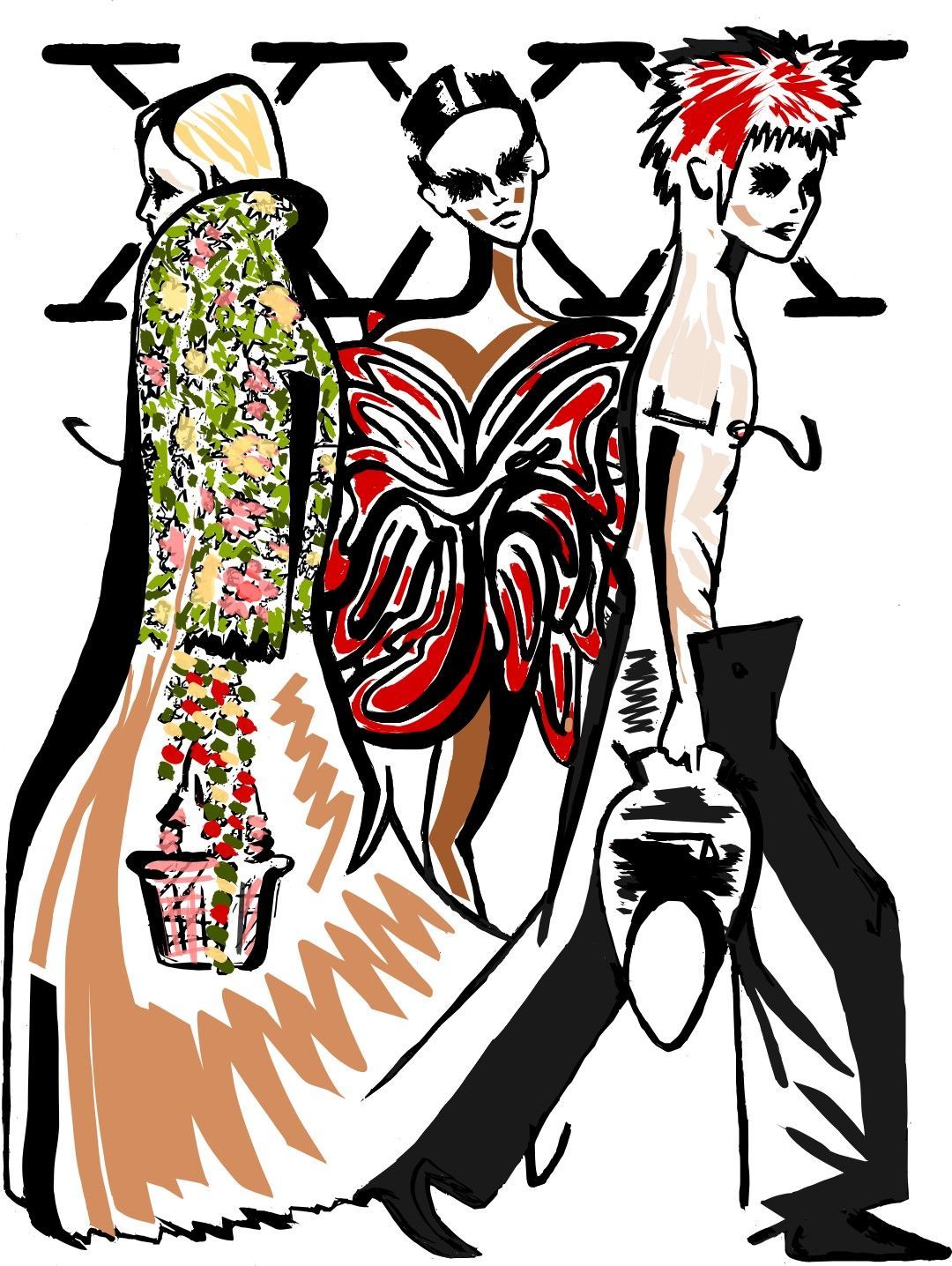 Three fashion figures with distinctive outfits and hairstyles.