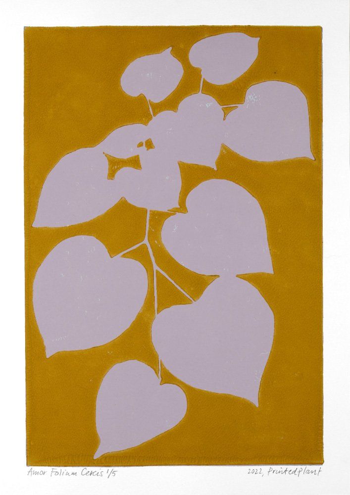 Yellow background with lavender heart-shaped leaves and stems.