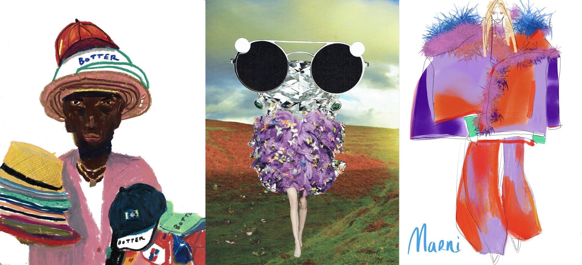 Three vibrant illustrations: hat seller, surreal figure, and fashion sketch in bright colors.