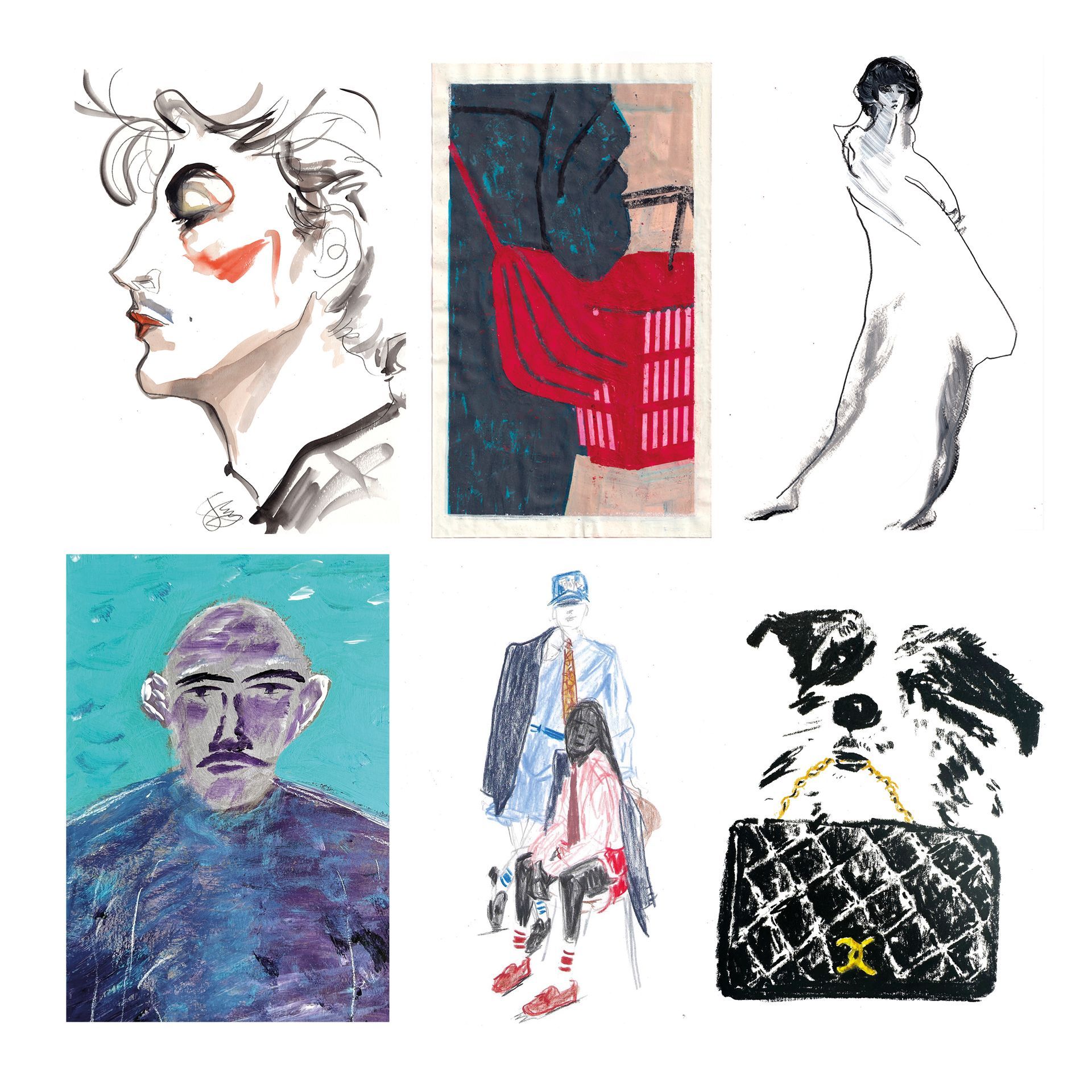 Six fashion sketches: woman with red blush, figure with red bag, figure in a coat, blue-toned face, person with a child, dog with a quilted bag.
