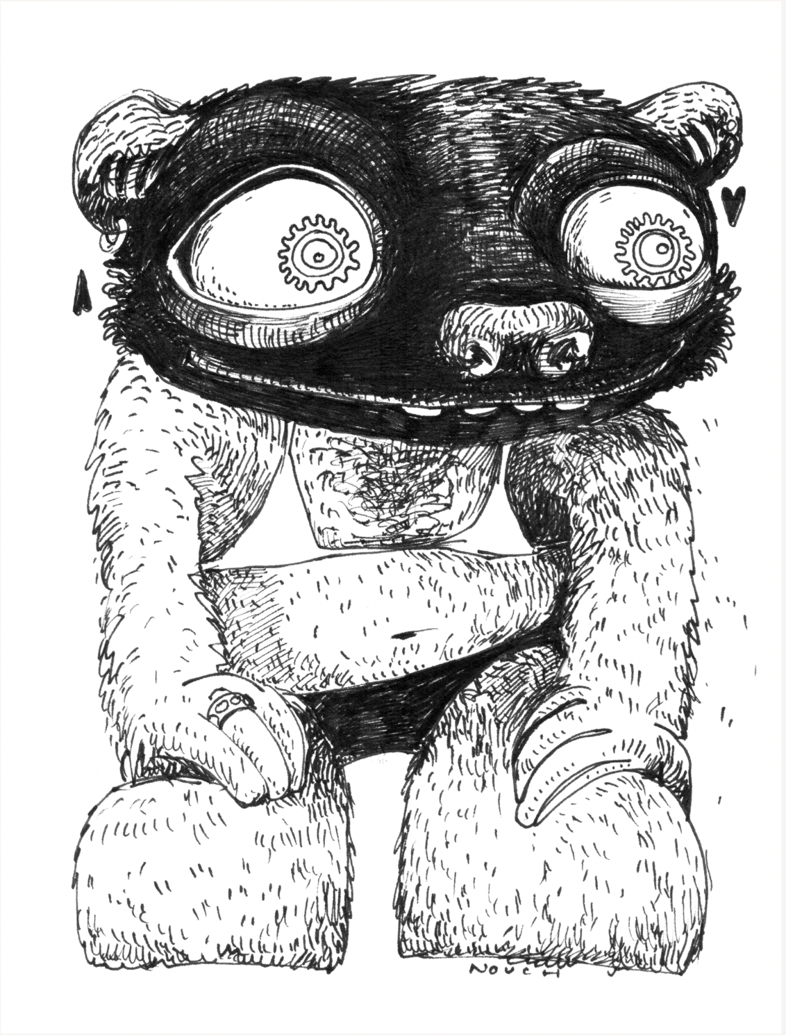 Black ink drawing of a teddy bear with large, bug-like eyes wearing a triangle bikini.