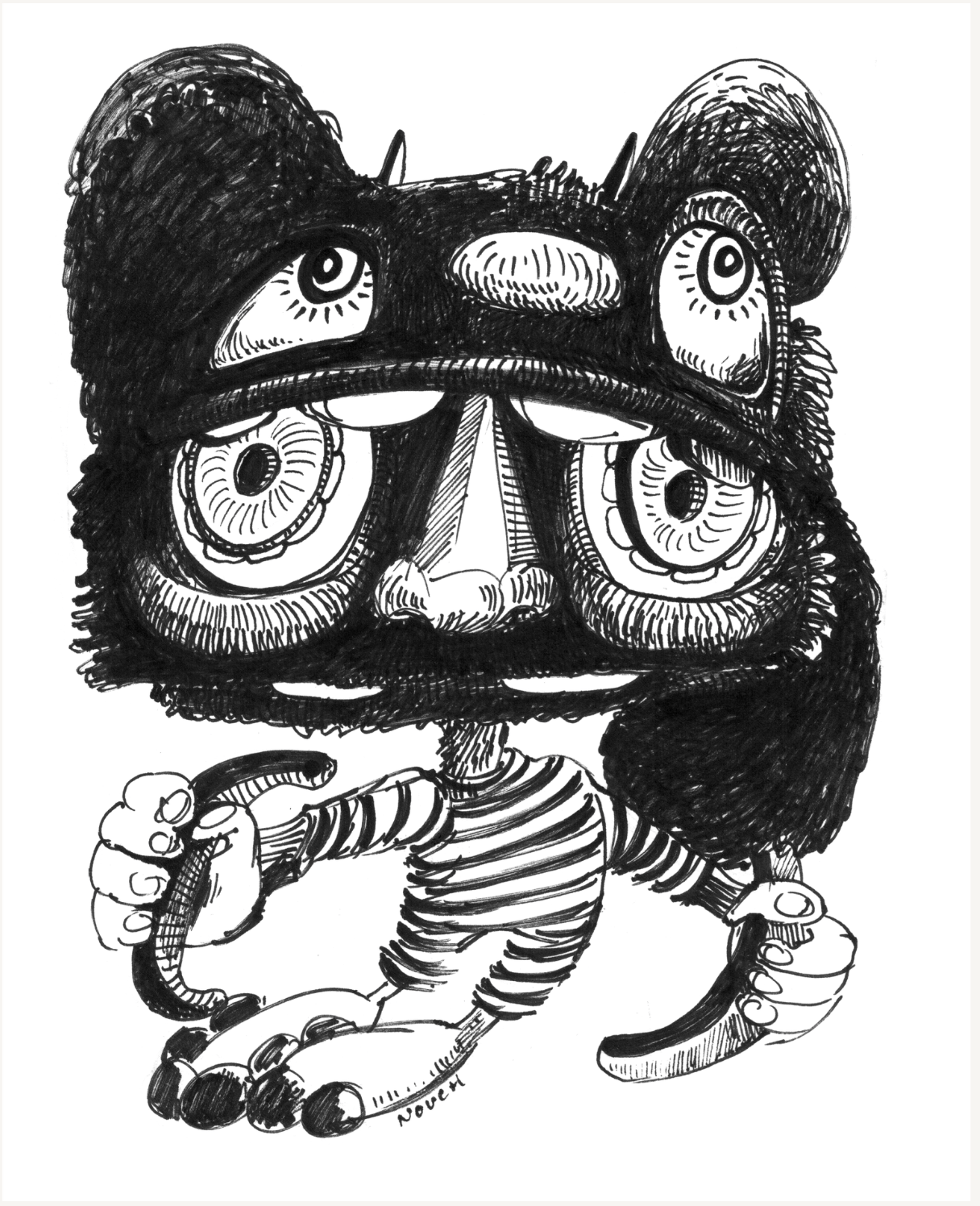 Whimsical creature with large eyes, a hat, and striped arms, holding curved objects.