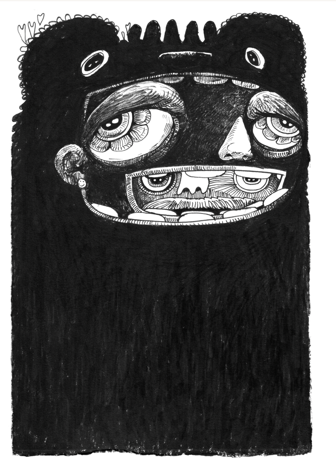 Cartoonish face with large eyes and a toothy grin, wearing a bear-like headdress, drawn in black ink.