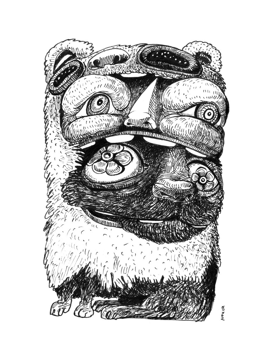 Abstract black and white creature with multiple eyes and a large mouth.