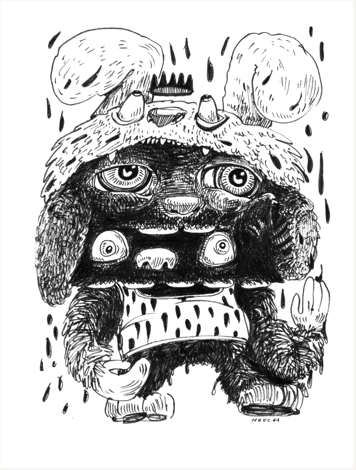 A black, furry creature with oversized ears, wearing a crown and patterned bib.