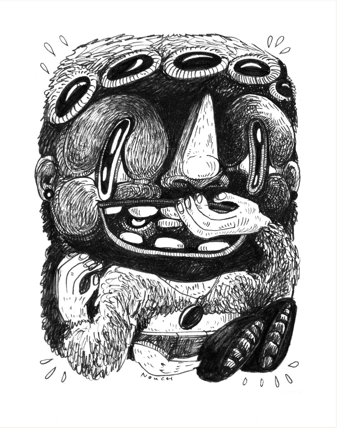 Whimsical, blob-like creature with multiple eyes and a toothy grin, drawn in black and white.