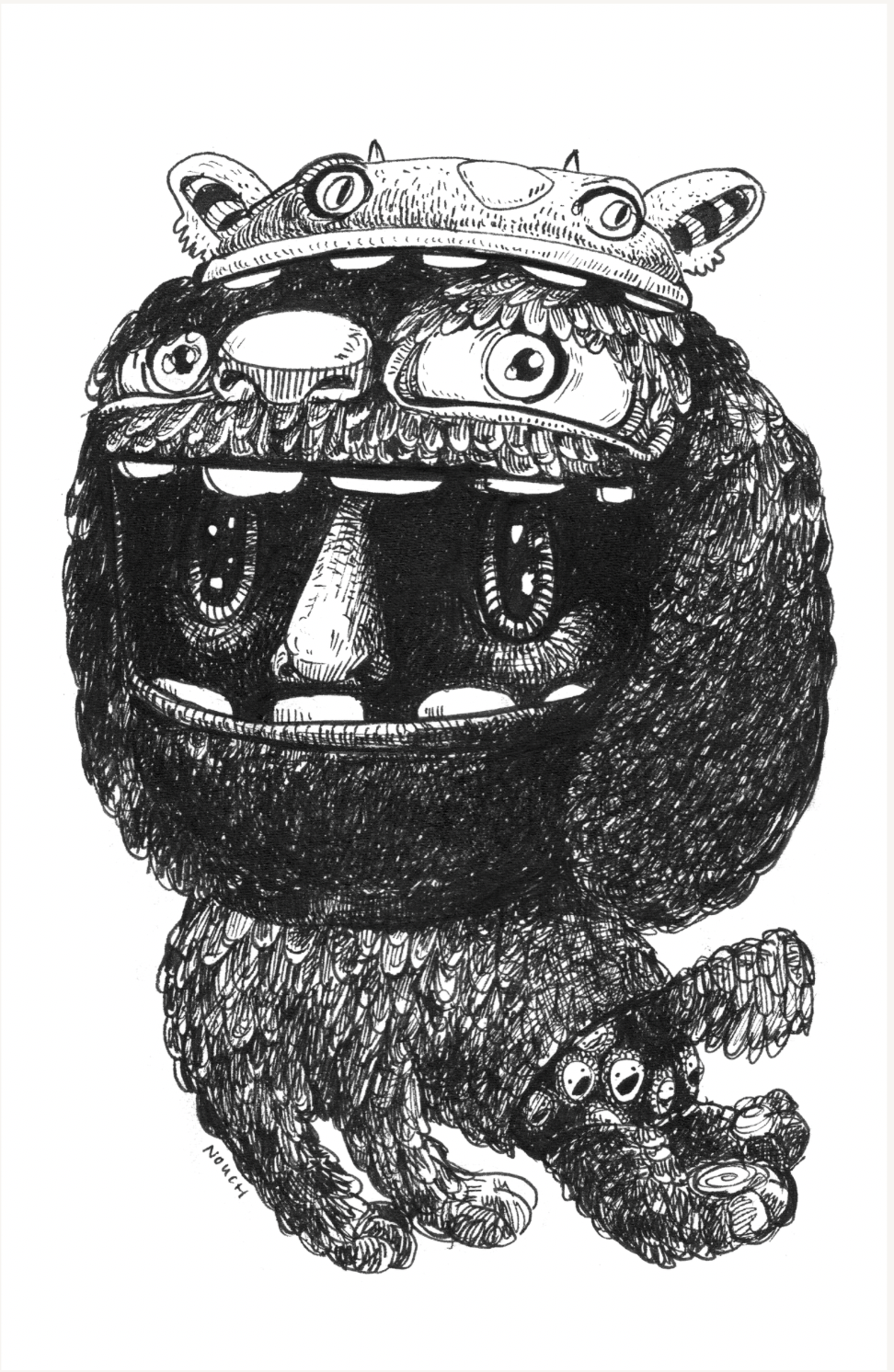 Black cartoon creature with crown, large open mouth, and fluffy body.