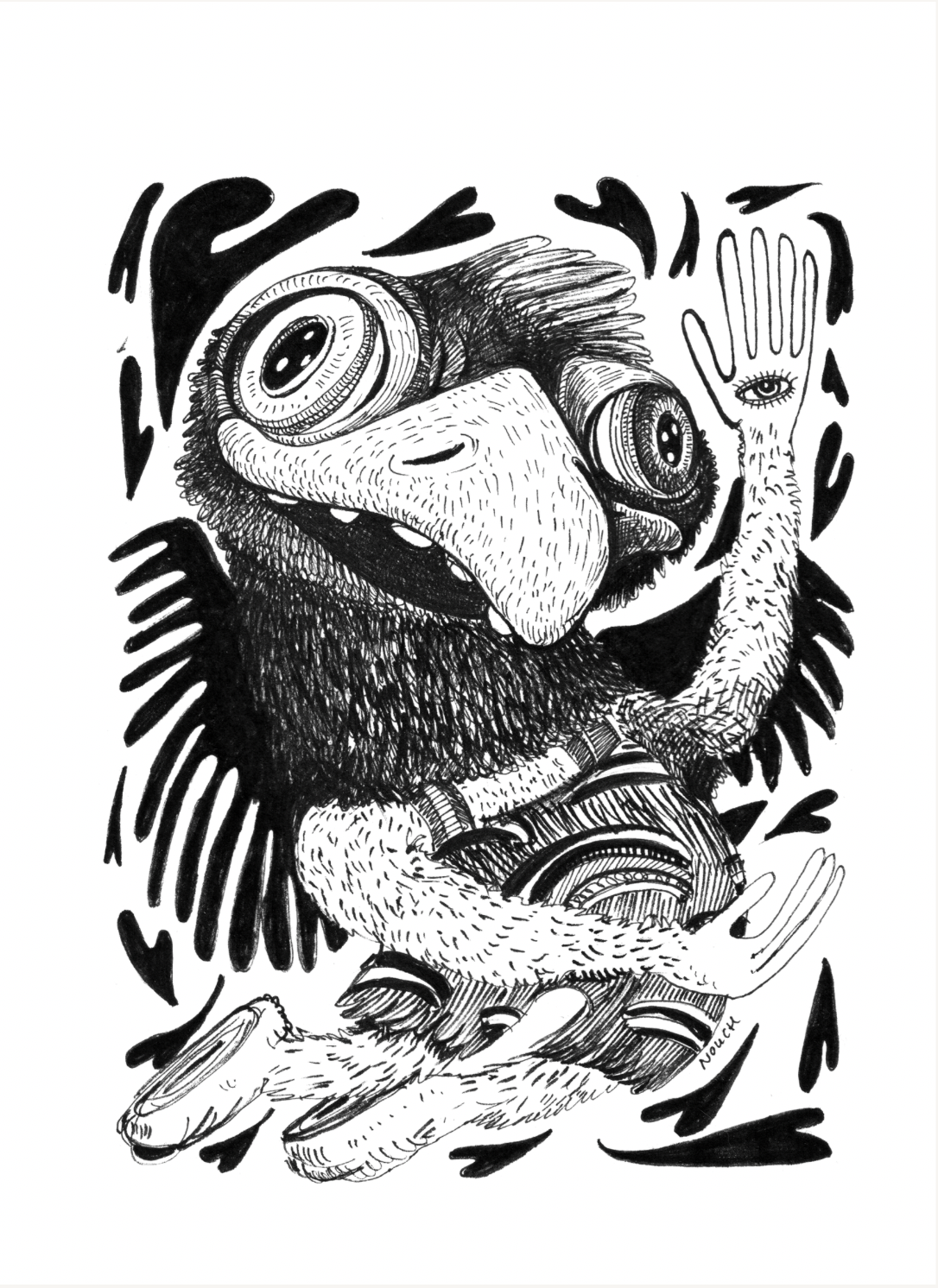 A cartoon-like bird waving, with large eyes, a beak, and a detailed textured body.