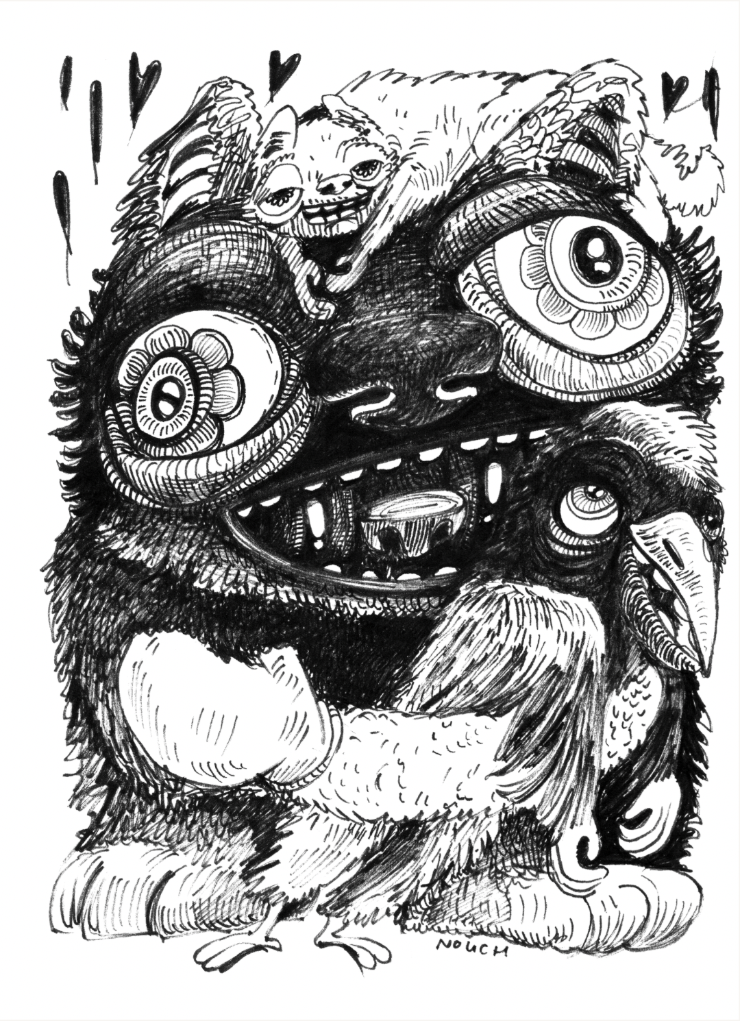 A darkly shaded, cartoonish creature with multiple eyes, a toothy grin, and a smaller figure on top.