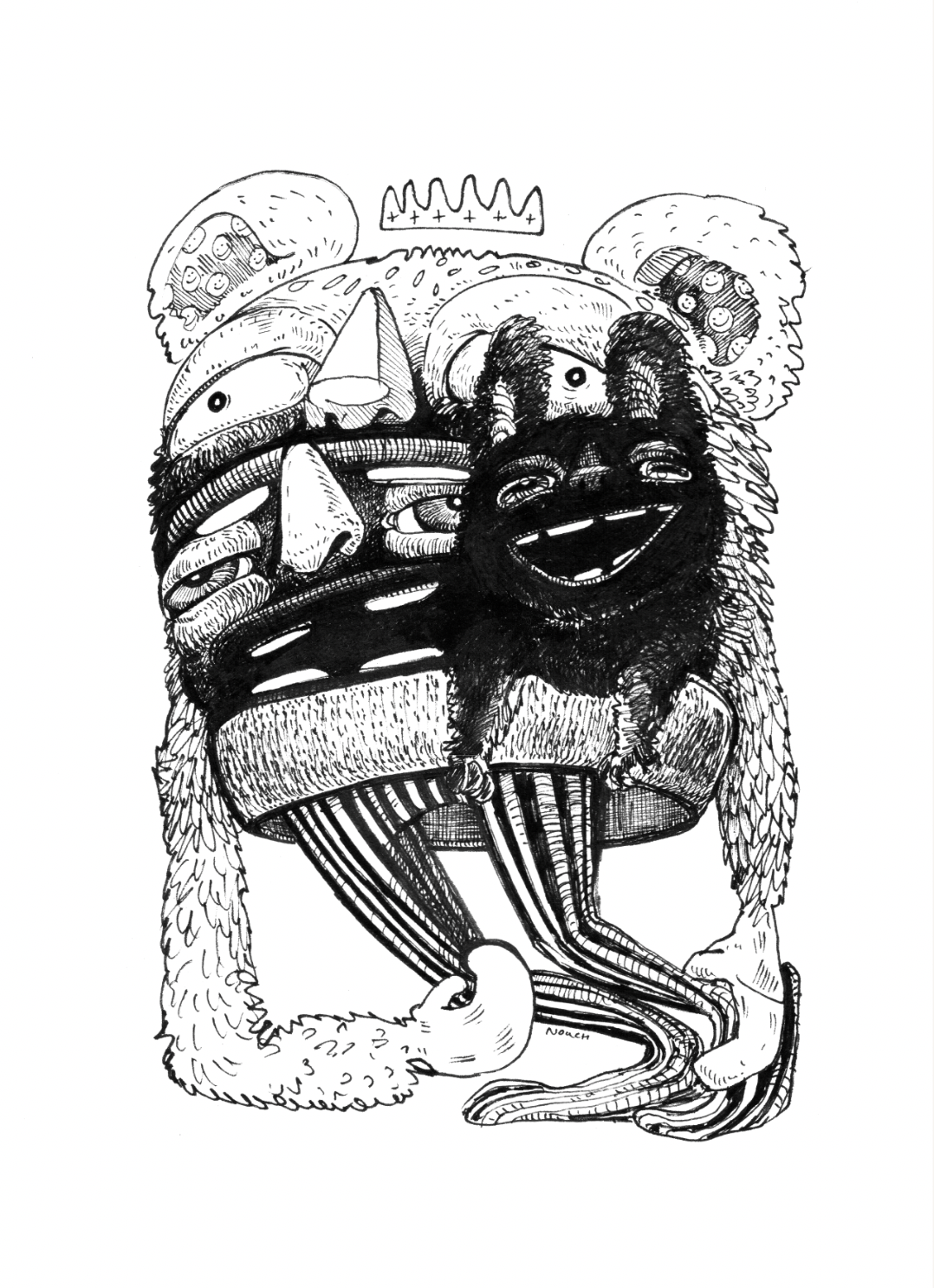 Whimsical illustration with a crowned, bear-like figure holding a ship, possibly depicting a fairytale or dreamscape.