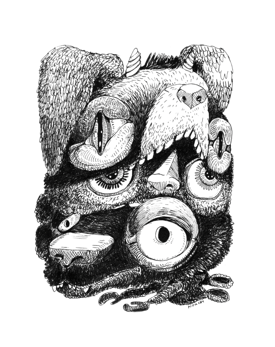 Abstract black and white illustration of several eyes and mouths in a layered, textured composition.