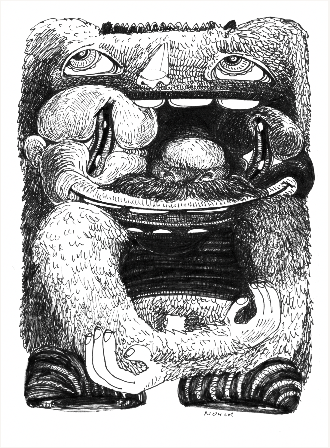 Black and white illustration of a furry monster holding a plate with a burger, another face above it looking down.