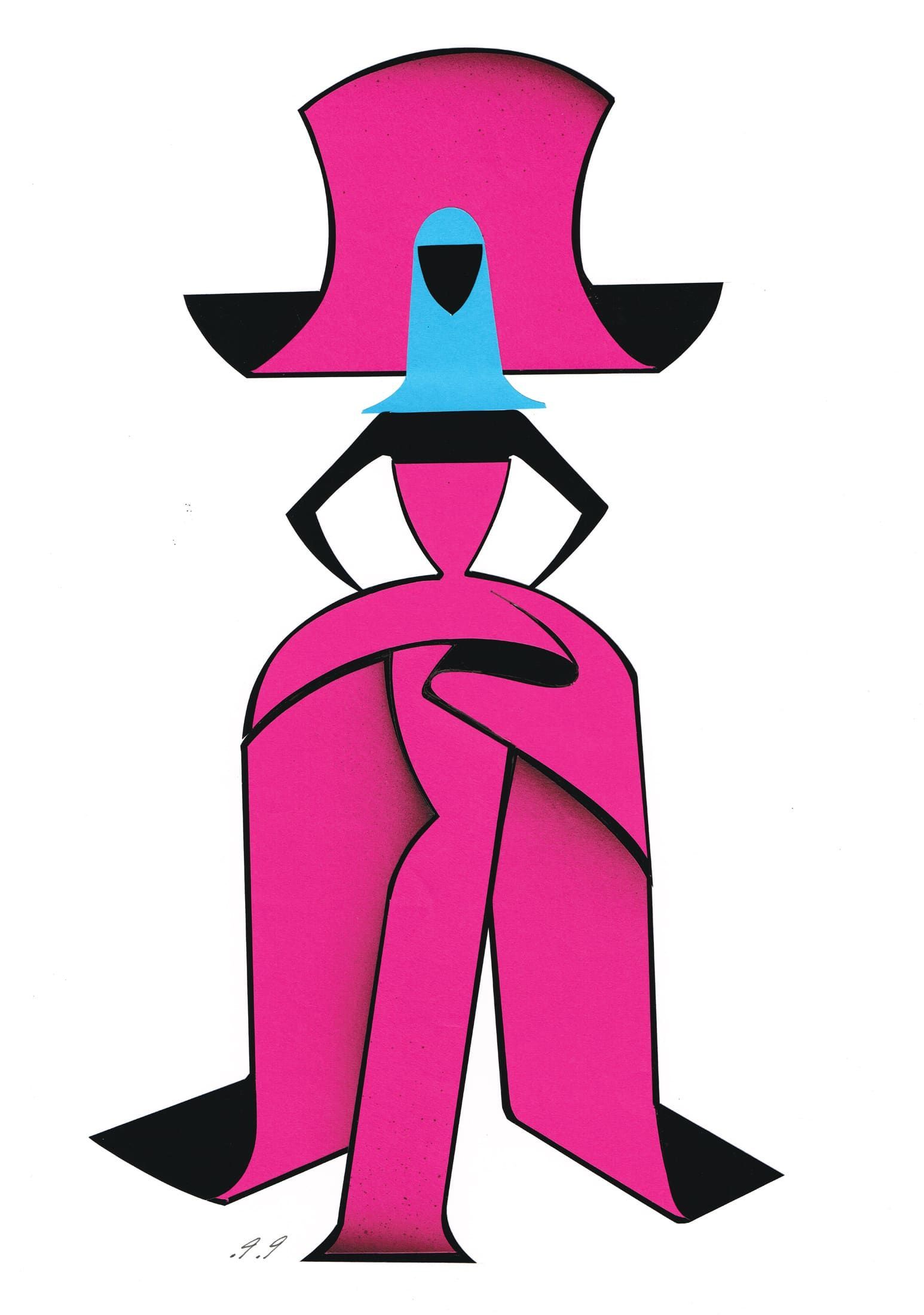 Abstract figure in pink and black formal attire with a large hat, cape, and a blue headpiece.