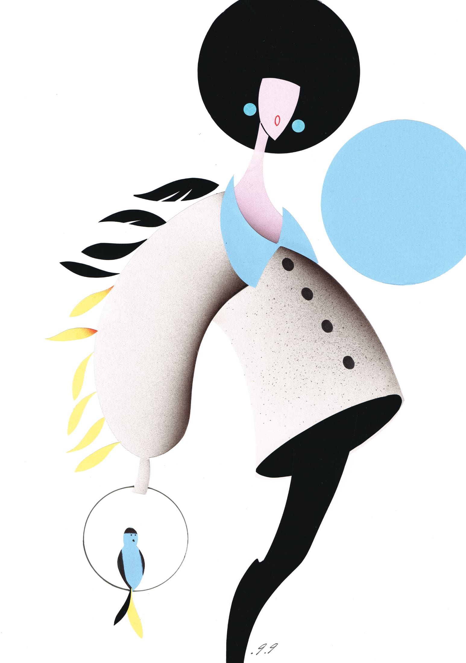 Stylized figure with afro, light blue accents, textured coat, bird in a hoop, and blue orb.