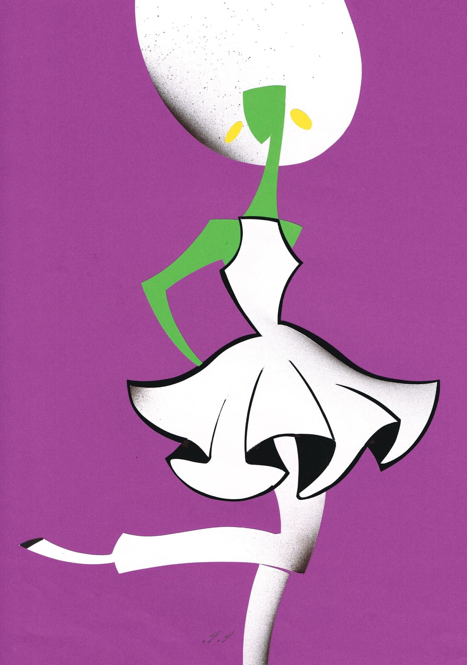 Green figure in white dress, leg extended, arm on hip, against a purple background.